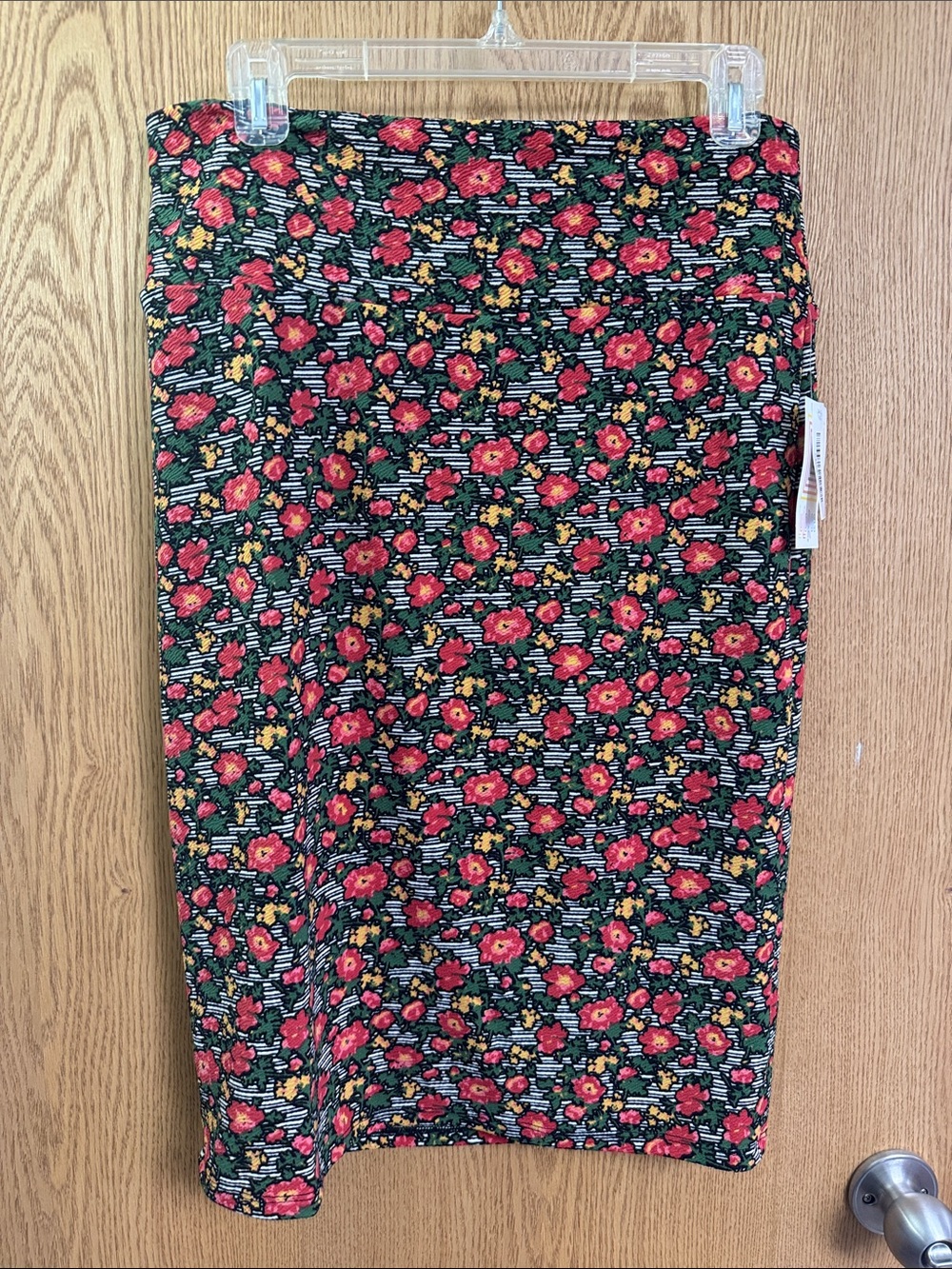 LuLaRoe Red Floral Midi Skirt with Green and Yellow Accents